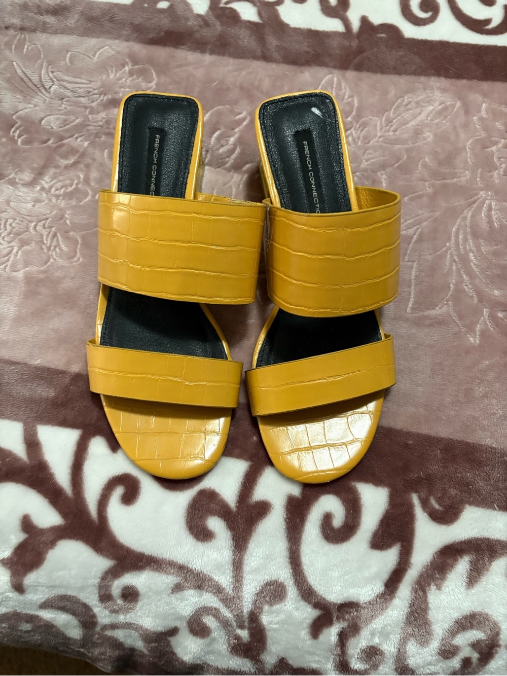 French Connection Croc-Embossed Mustard Yellow Double-Strap Slide Mules